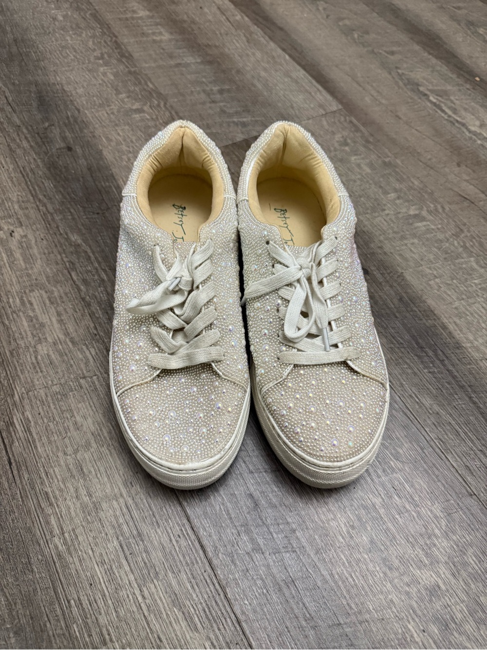 Betsey Johnson Ivory Crystal-Embellished Lace-Up Sneakers